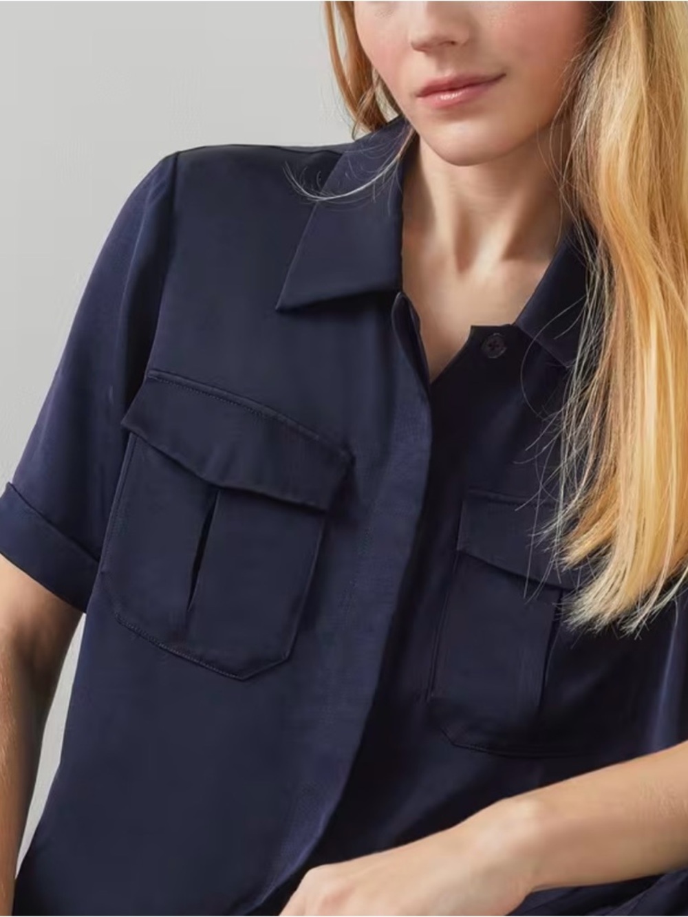 LK Bennett Navy Short-Sleeve Utility-Style Button-Down Silky Viscose